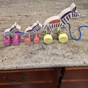 Anthropology Bright Colored Painted Wooden Zebra Toddler Pull Toy With String